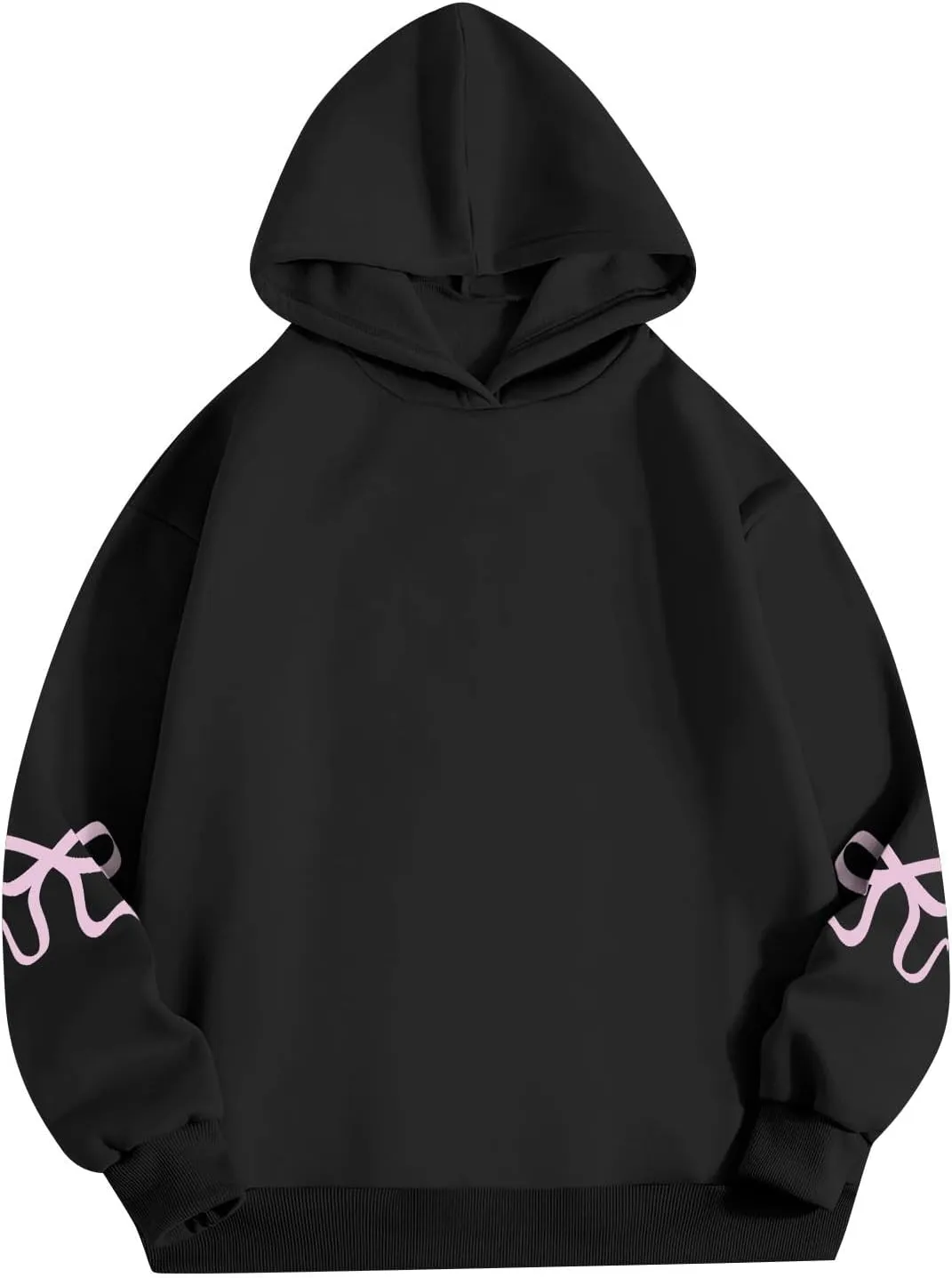 Women's Bow Trim Print Fleeced Hoodies Oversized Long Sleeve Hooded Sweatshirts Drop Shoulder Pullover Top