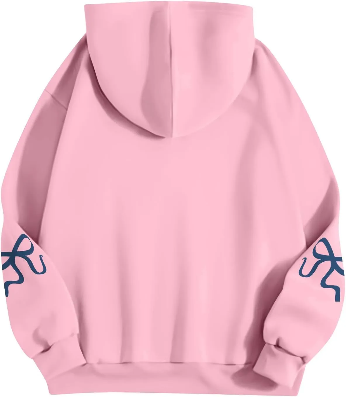 Women's Bow Trim Print Fleeced Hoodies Oversized Long Sleeve Hooded Sweatshirts Drop Shoulder Pullover Top