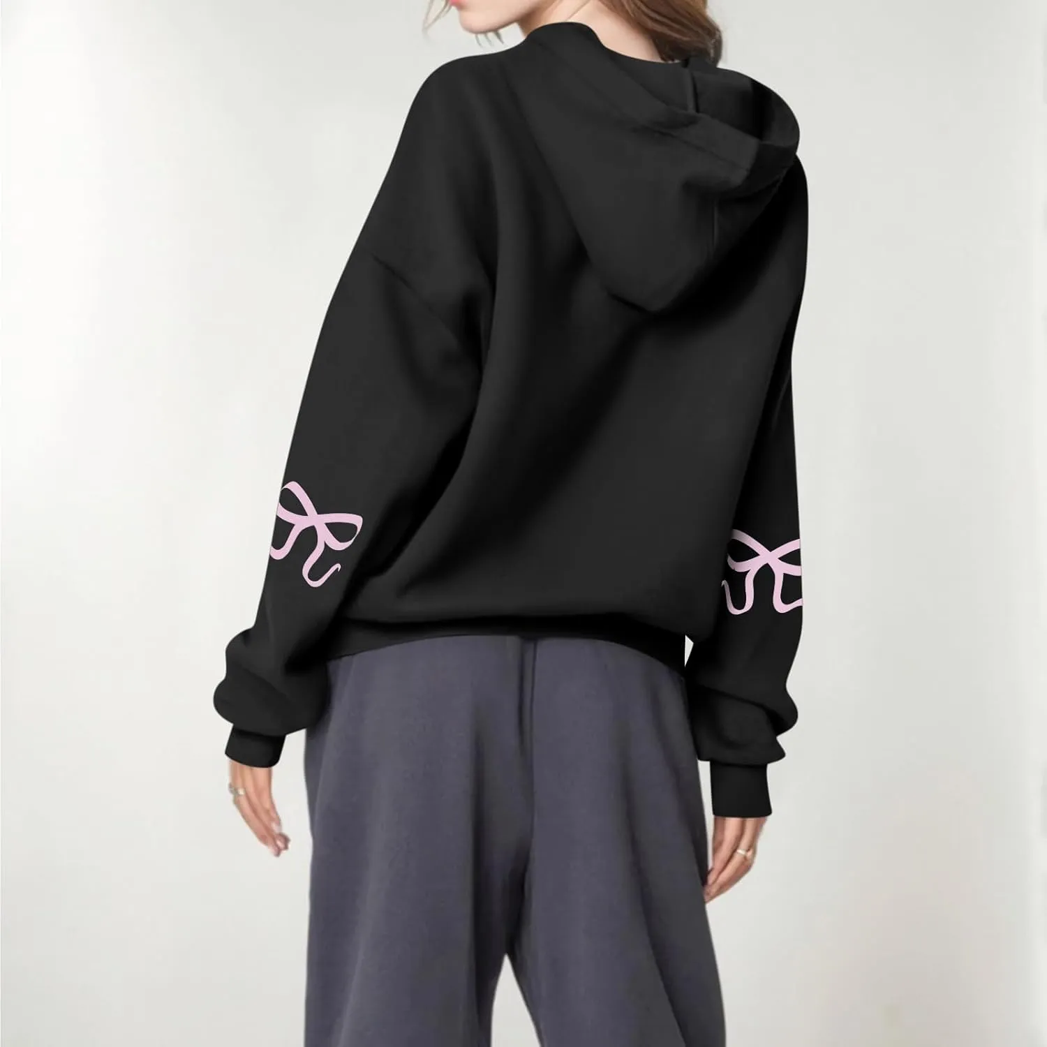 Women's Bow Trim Print Fleeced Hoodies Oversized Long Sleeve Hooded Sweatshirts Drop Shoulder Pullover Top