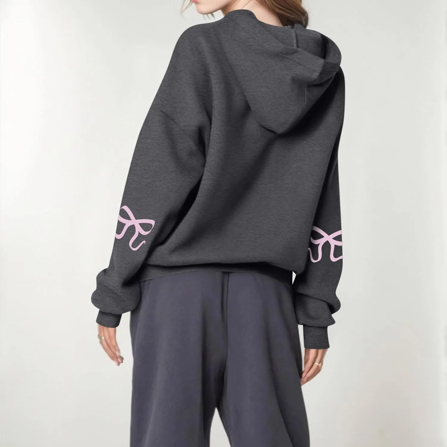 Women's Bow Trim Print Fleeced Hoodies Oversized Long Sleeve Hooded Sweatshirts Drop Shoulder Pullover Top