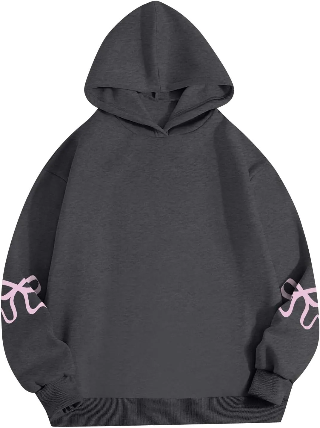 Women's Bow Trim Print Fleeced Hoodies Oversized Long Sleeve Hooded Sweatshirts Drop Shoulder Pullover Top