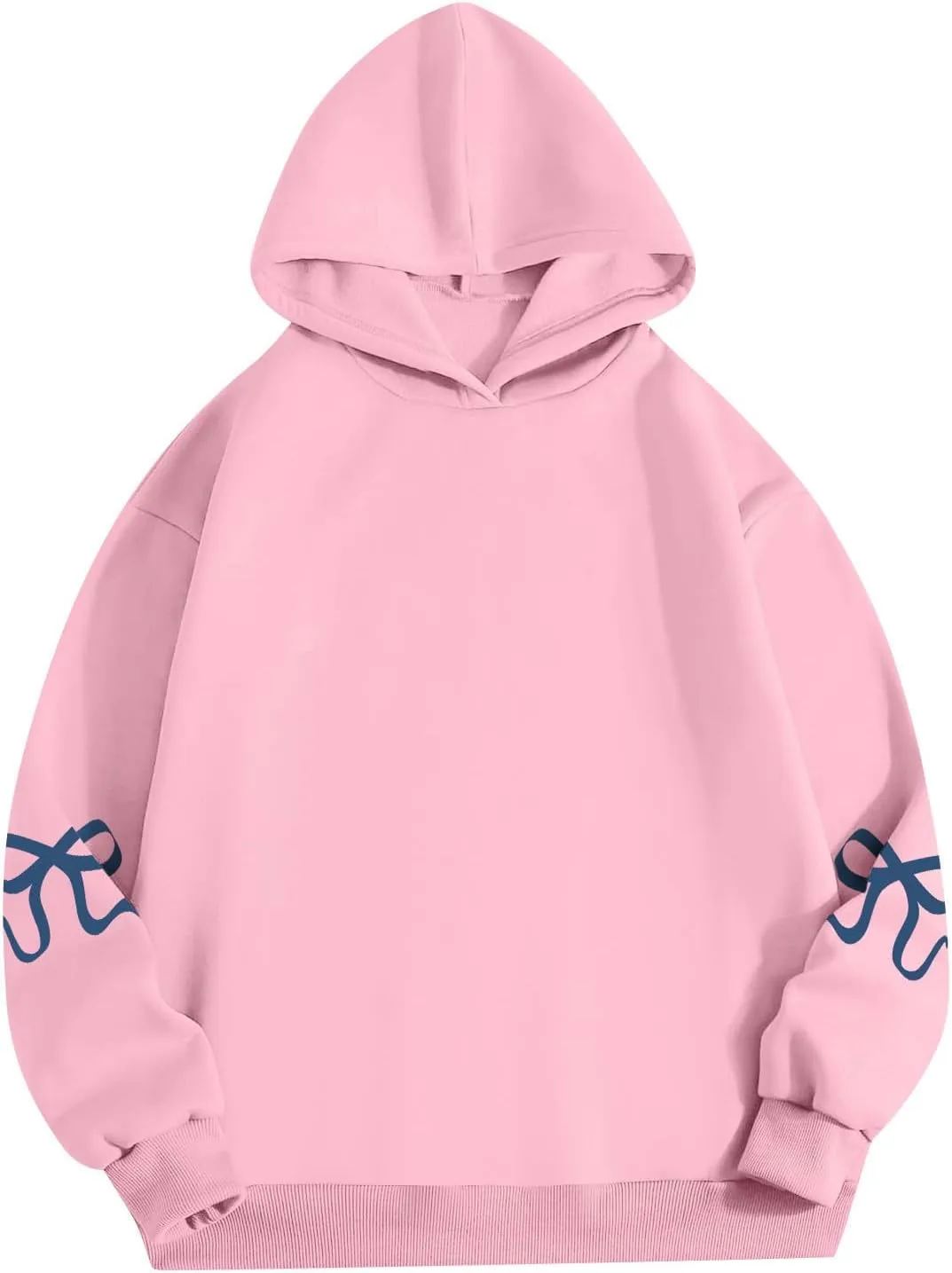 Women's Bow Trim Print Fleeced Hoodies Oversized Long Sleeve Hooded Sweatshirts Drop Shoulder Pullover Top