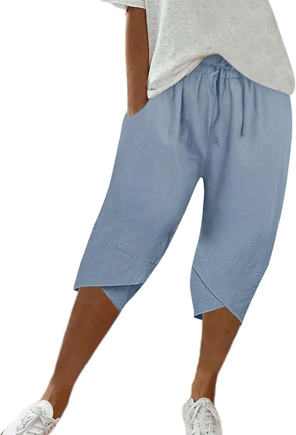 Womens Capris for Summer Pants Ladies Loose Drawstring Casual Solid Color Shorts High Waisted Drawstring Lounge Pants
