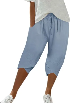 Womens Capris for Summer Pants Ladies Loose Drawstring Casual Solid Color Shorts High Waisted Drawstring Lounge Pants