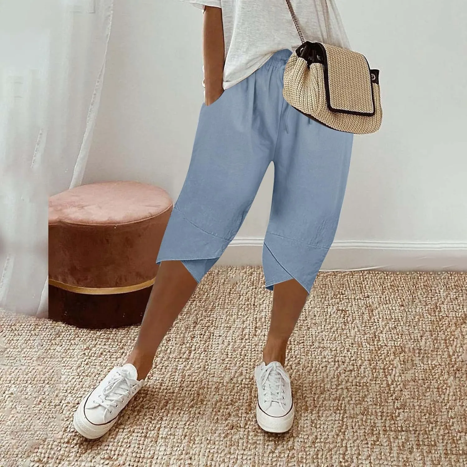 Womens Capris for Summer Pants Ladies Loose Drawstring Casual Solid Color Shorts High Waisted Drawstring Lounge Pants