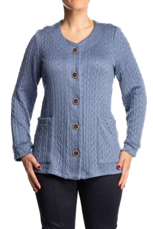 Women's Cardigan Denim Blue Cotton blend Stretch fabric Comfort and quality Fit With Contrast Buttons And Pockets Sizes XLARGE On Sale now Made in Canada