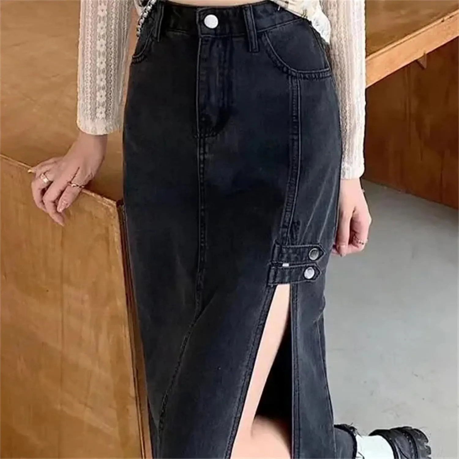 Women's Elegant Side Slit Denim Skirt  High-Waisted Slimming A-Line Long Summer Dress