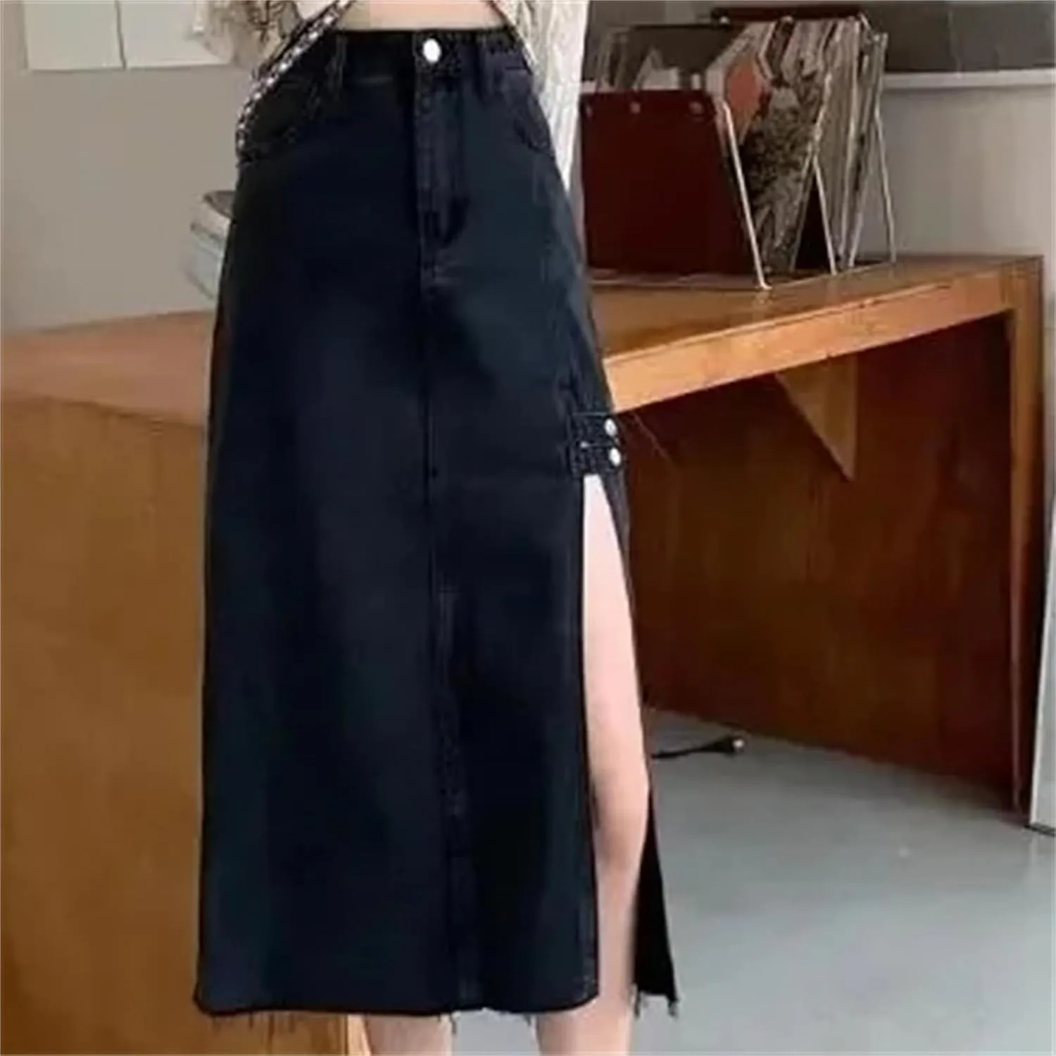 Women's Elegant Side Slit Denim Skirt  High-Waisted Slimming A-Line Long Summer Dress