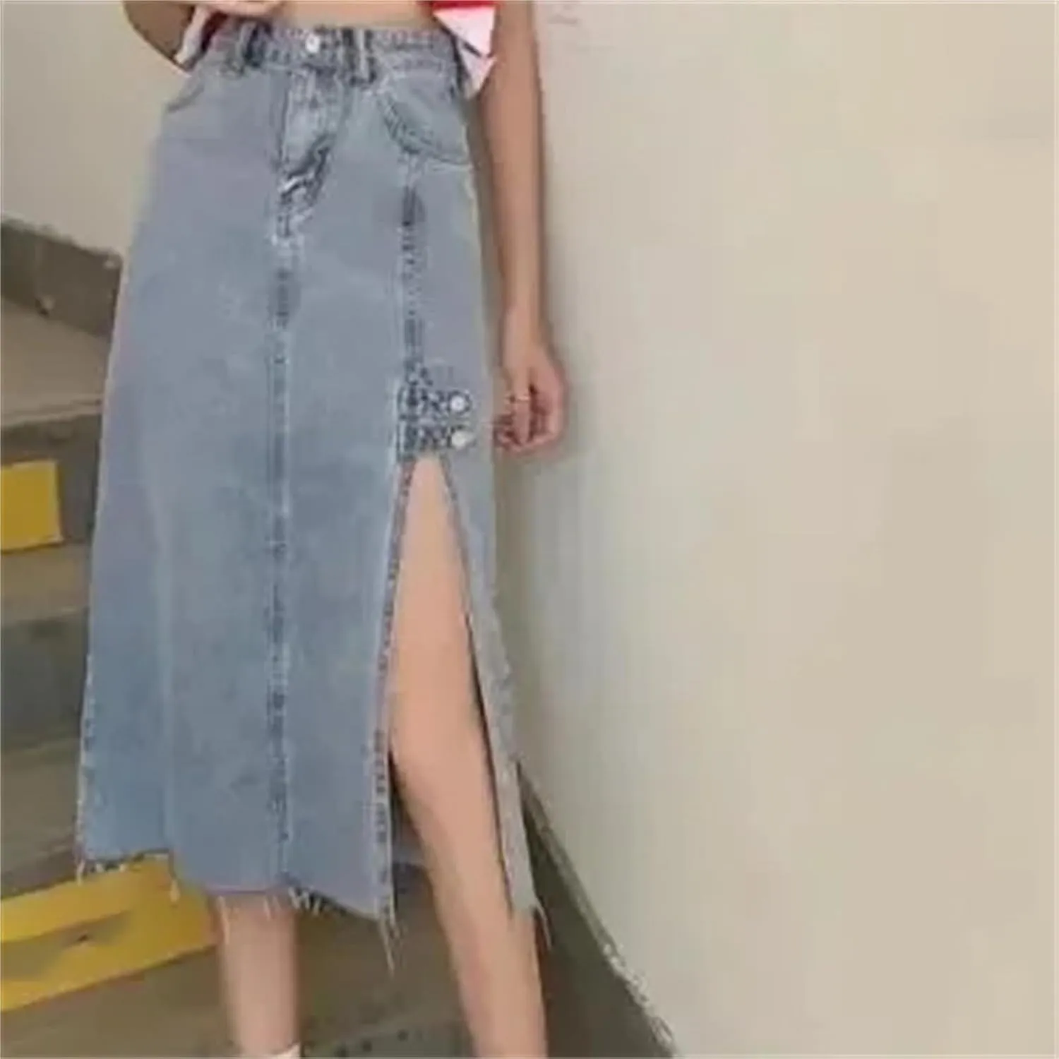 Women's Elegant Side Slit Denim Skirt  High-Waisted Slimming A-Line Long Summer Dress