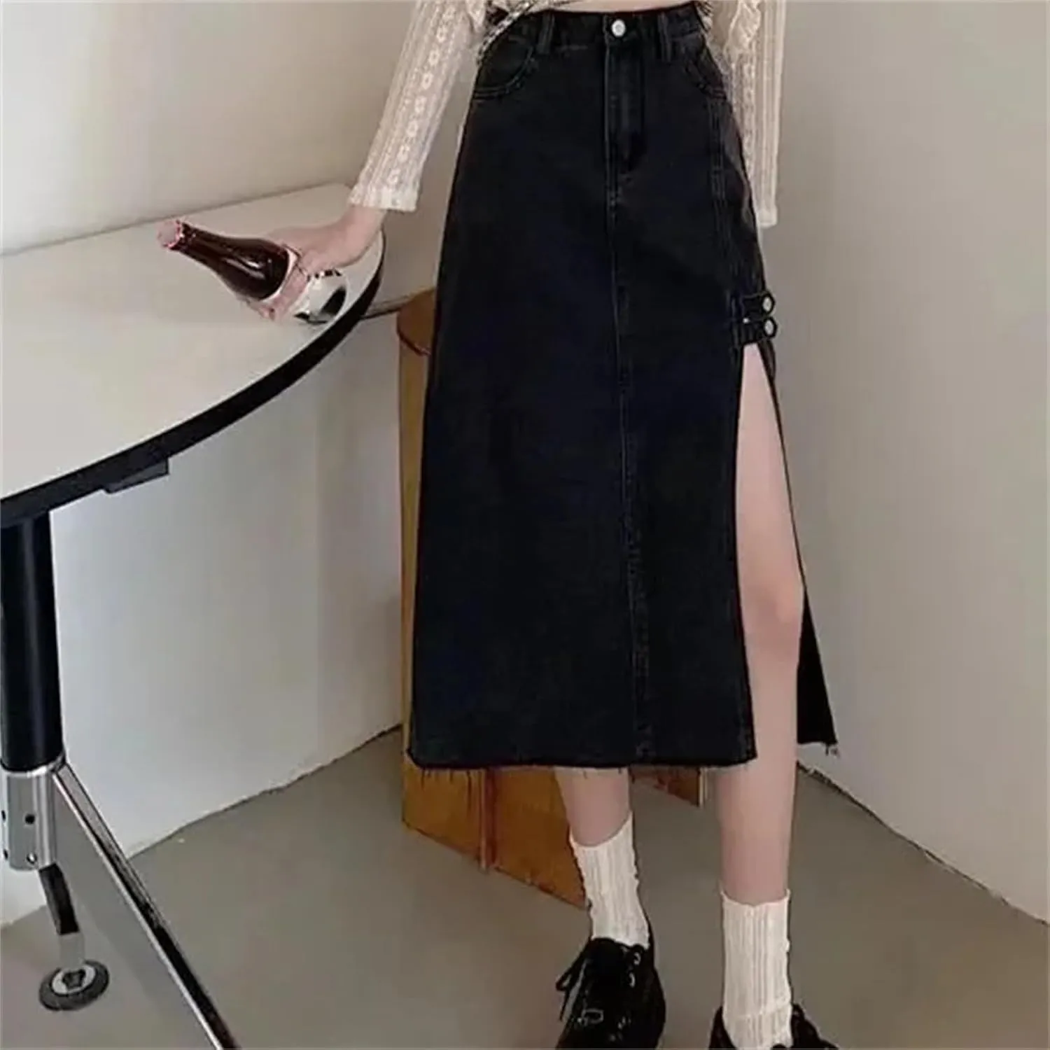 Women's Elegant Side Slit Denim Skirt  High-Waisted Slimming A-Line Long Summer Dress