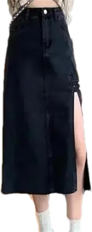 Women's Elegant Side Slit Denim Skirt  High-Waisted Slimming A-Line Long Summer Dress