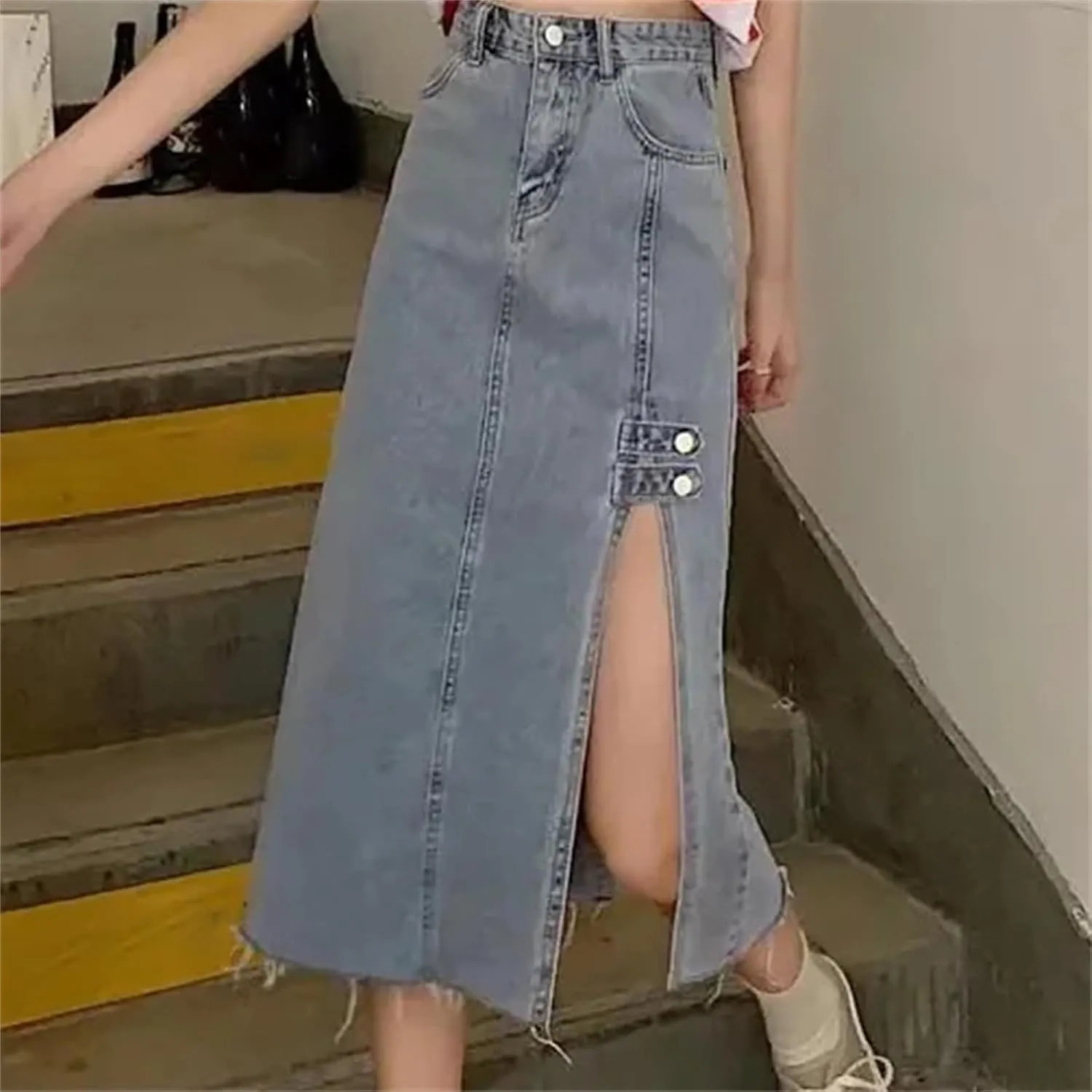 Women's Elegant Side Slit Denim Skirt  High-Waisted Slimming A-Line Long Summer Dress