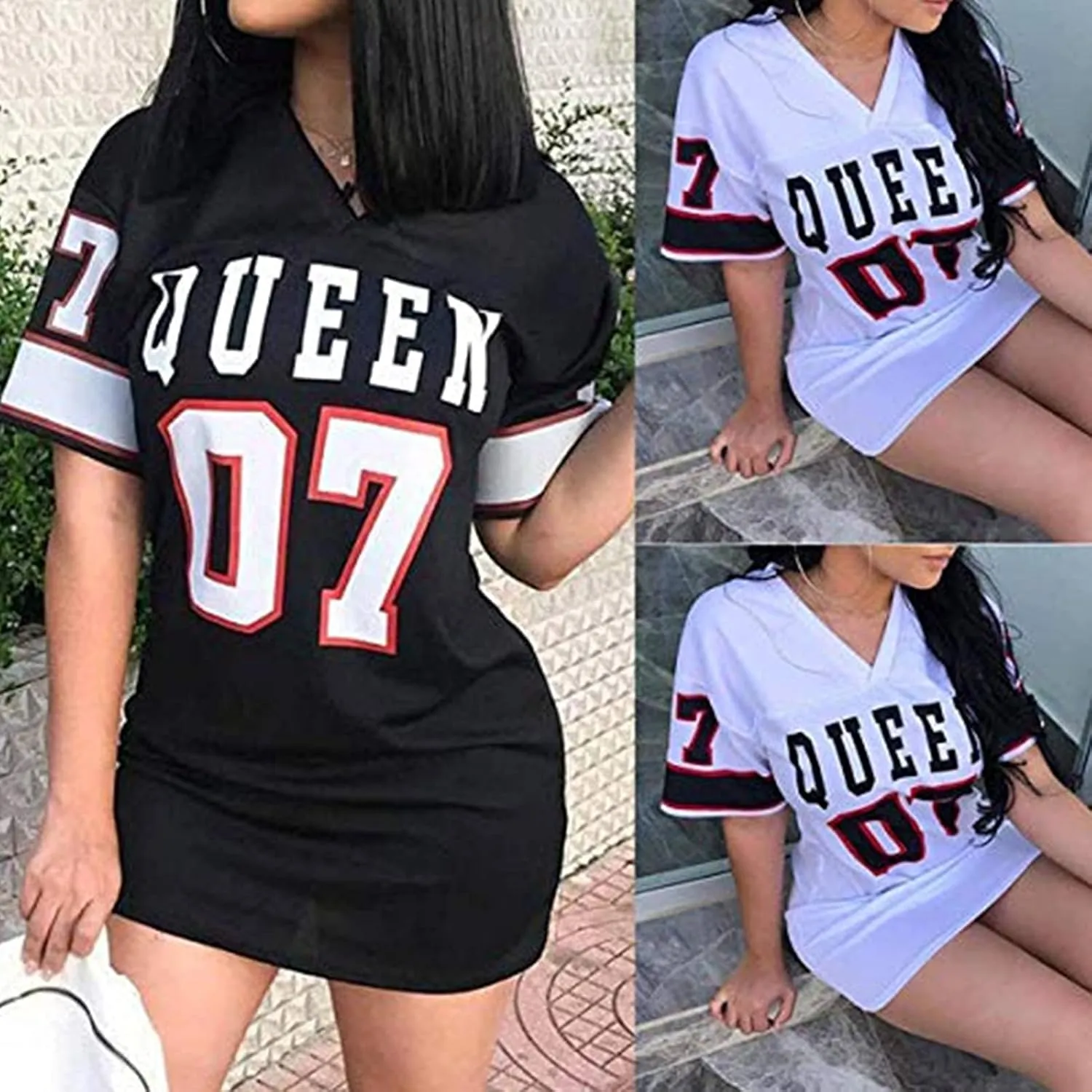 Women's Fashion Sexy V Neck Queen Letter Printed Package Dress Casual Hip Hop Short Sleeve Mini Dresses