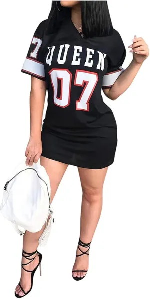 Women's Fashion Sexy V Neck Queen Letter Printed Package Dress Casual Hip Hop Short Sleeve Mini Dresses