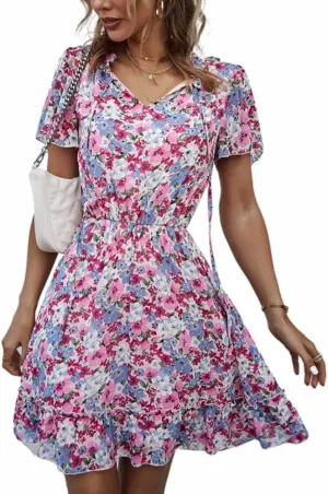 Women's Floral V Neck Casual Short Sleeve Empire Waist A Line Ruffle Flowy Boho Mini Dress