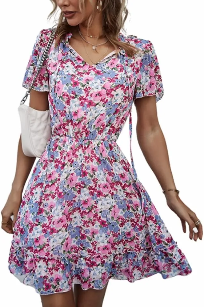 Women's Floral V Neck Casual Short Sleeve Empire Waist A Line Ruffle Flowy Boho Mini Dress