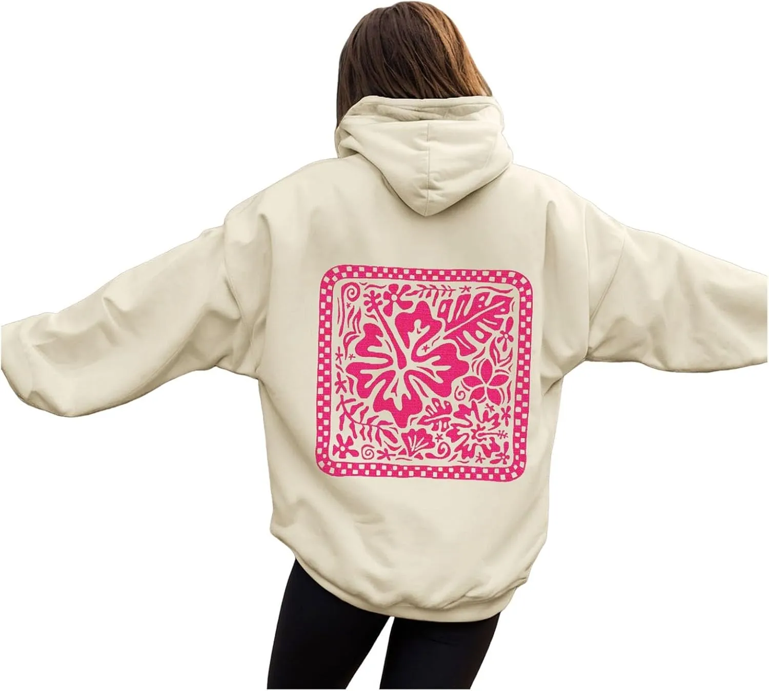 Women's Graphic Print Hoodies Oversized Long Sleeve Hooded Sweatshirts Cherry Floral Drop Shoulder Pullover Top
