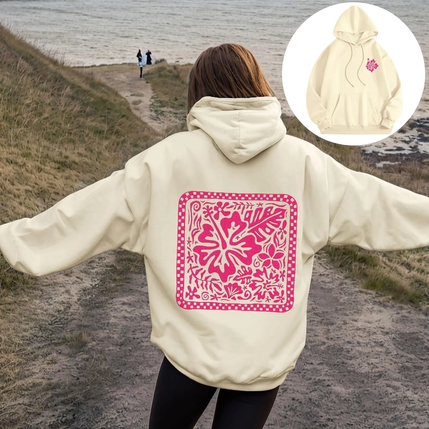 Women's Graphic Print Hoodies Oversized Long Sleeve Hooded Sweatshirts Cherry Floral Drop Shoulder Pullover Top