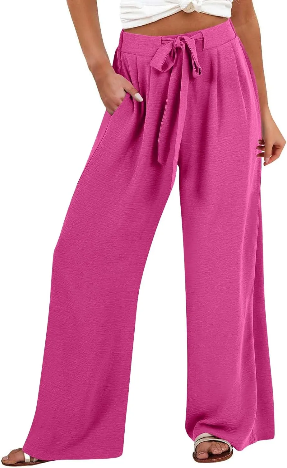 Womens Linen Pants Summer 2025 Solid Casual Drawstring Waist Loose Fit Fashion Drawstring Flowy Palazzo with Pockets