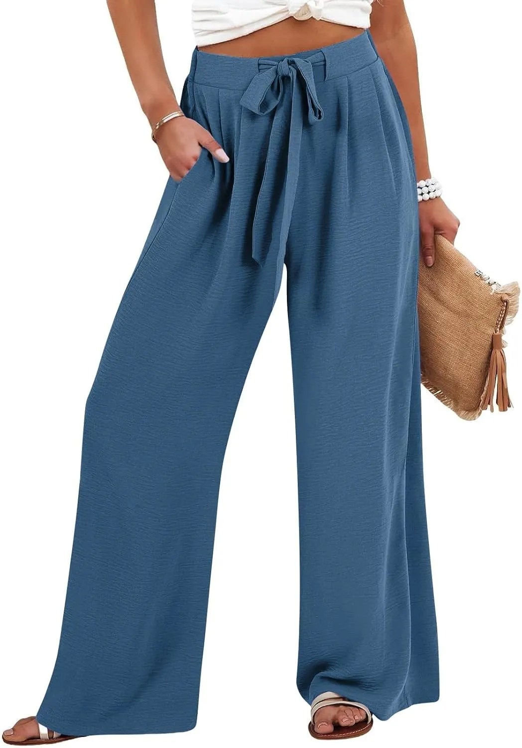 Womens Linen Pants Summer 2025 Solid Casual Drawstring Waist Loose Fit Fashion Drawstring Flowy Palazzo with Pockets