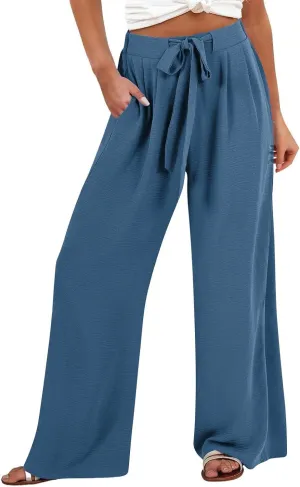 Womens Linen Pants Summer 2025 Solid Casual Drawstring Waist Loose Fit Fashion Drawstring Flowy Palazzo with Pockets