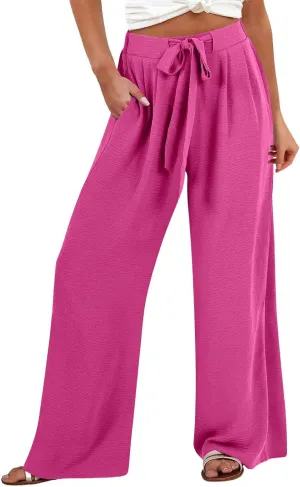 Womens Linen Pants Summer 2025 Solid Casual Drawstring Waist Loose Fit Fashion Drawstring Flowy Palazzo with Pockets