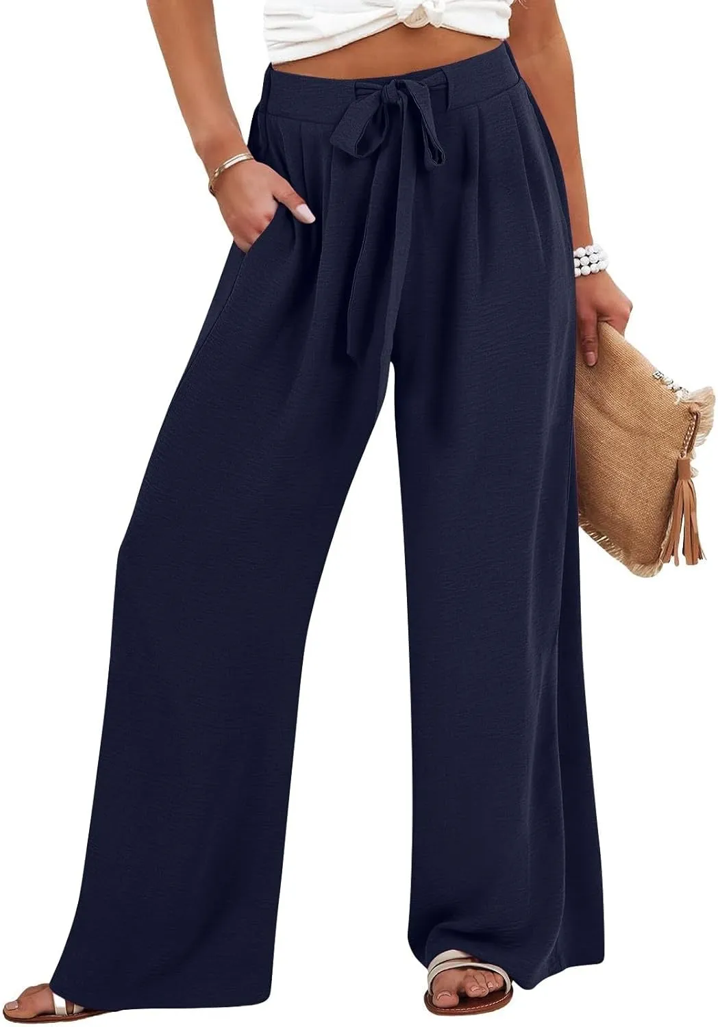 Womens Linen Pants Summer 2025 Solid Casual Drawstring Waist Loose Fit Fashion Drawstring Flowy Palazzo with Pockets