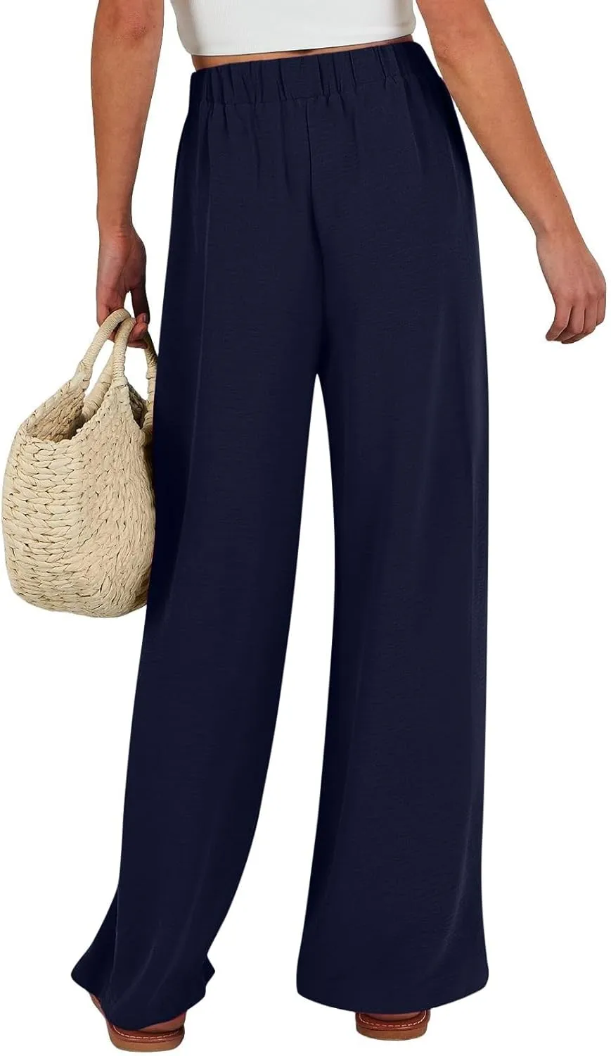 Womens Linen Pants Summer 2025 Solid Casual Drawstring Waist Loose Fit Fashion Drawstring Flowy Palazzo with Pockets