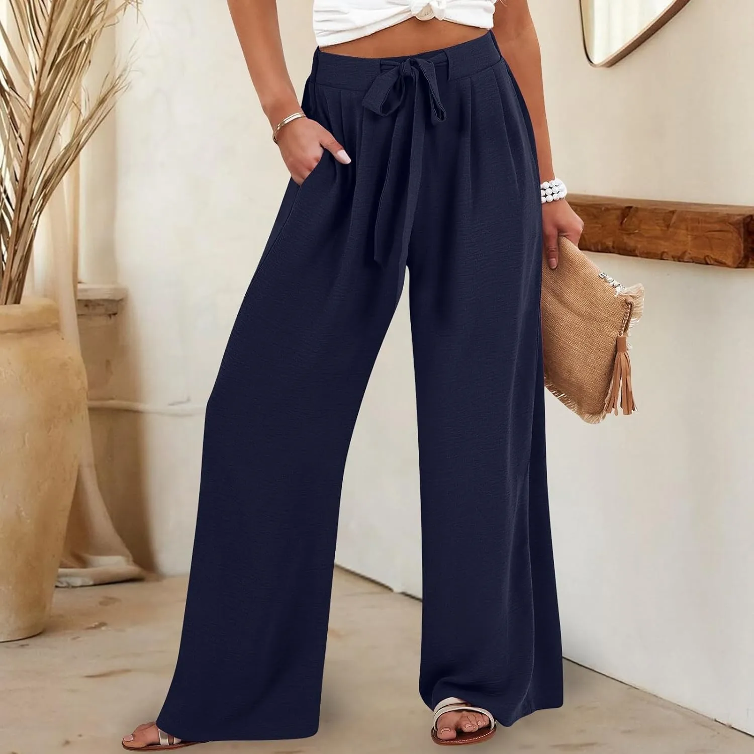 Womens Linen Pants Summer 2025 Solid Casual Drawstring Waist Loose Fit Fashion Drawstring Flowy Palazzo with Pockets
