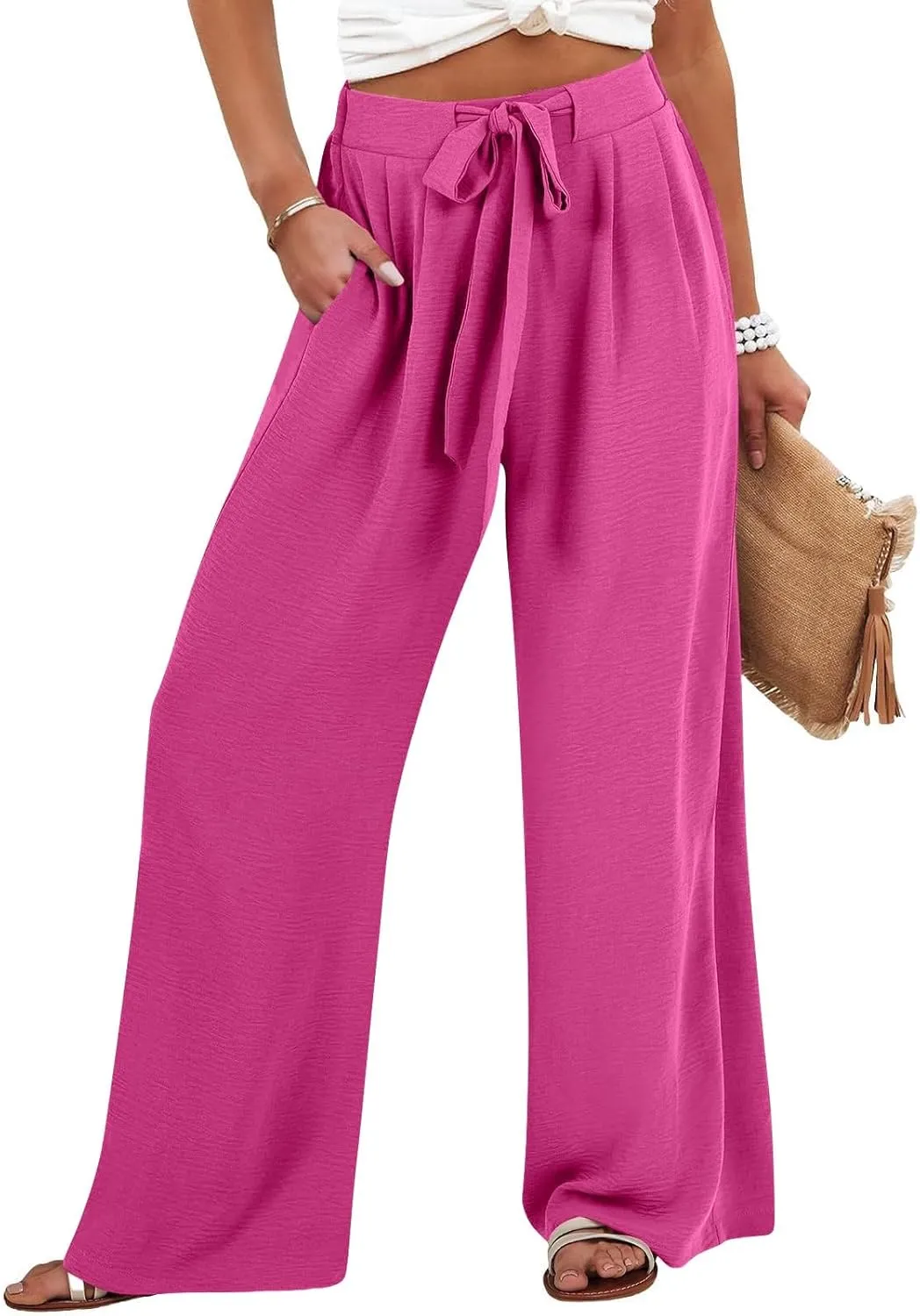 Womens Linen Pants Summer 2025 Solid Casual Drawstring Waist Loose Fit Fashion Drawstring Flowy Palazzo with Pockets