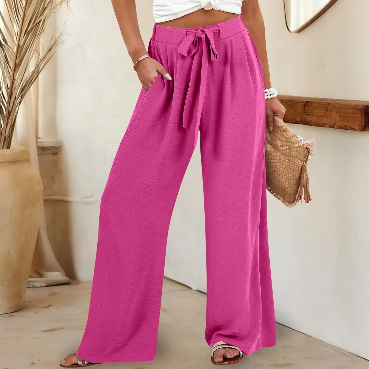 Womens Linen Pants Summer 2025 Solid Casual Drawstring Waist Loose Fit Fashion Drawstring Flowy Palazzo with Pockets