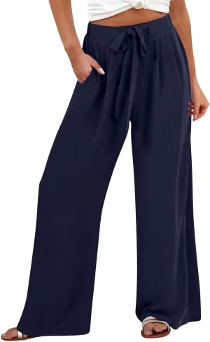 Womens Linen Pants Summer 2025 Solid Casual Drawstring Waist Loose Fit Fashion Drawstring Flowy Palazzo with Pockets