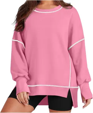 Womens Oversized Crewneck Sweatshirts Casual Long Sleeve Trendy Contrast Stitching High Low Fall Pullover Tops