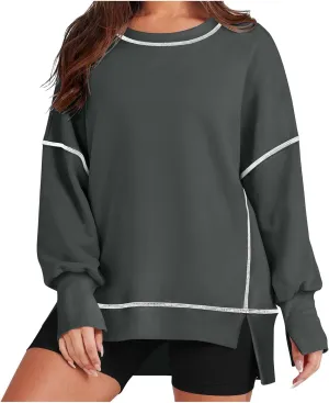 Womens Oversized Crewneck Sweatshirts Casual Long Sleeve Trendy Contrast Stitching High Low Fall Pullover Tops