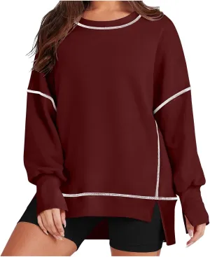 Womens Oversized Crewneck Sweatshirts Casual Long Sleeve Trendy Contrast Stitching High Low Fall Pullover Tops