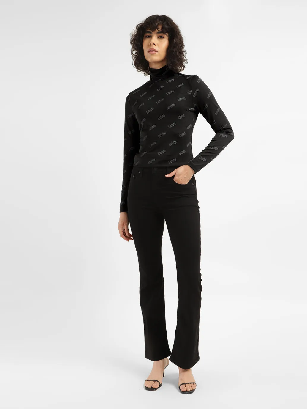 Women's Printed Black High Neck Top