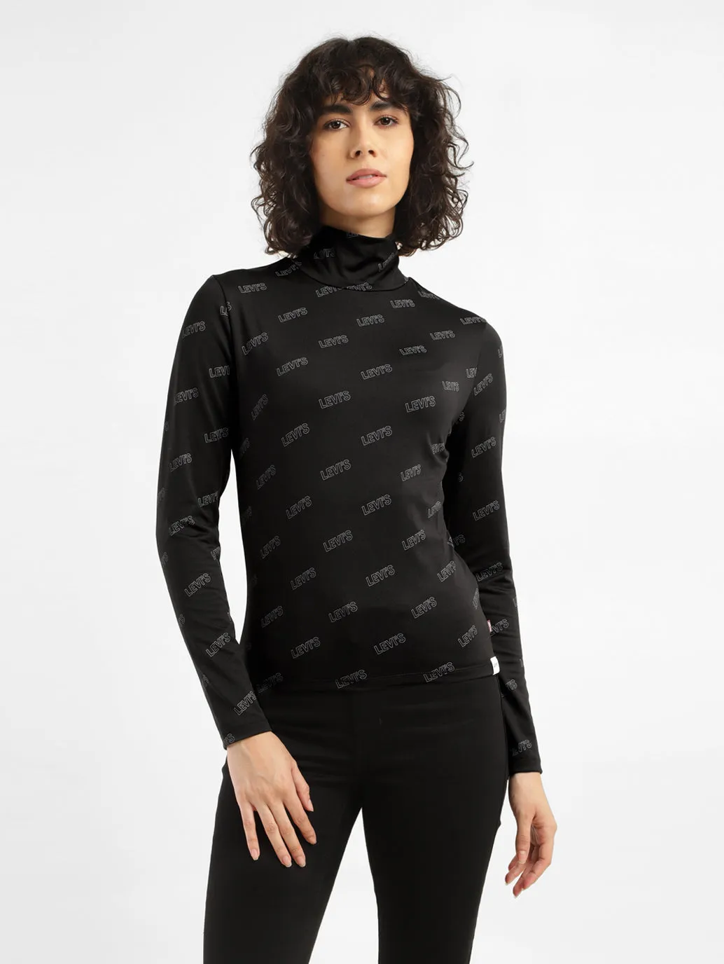 Women's Printed Black High Neck Top