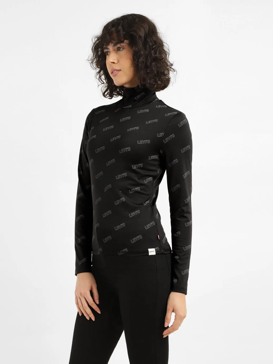 Women's Printed Black High Neck Top