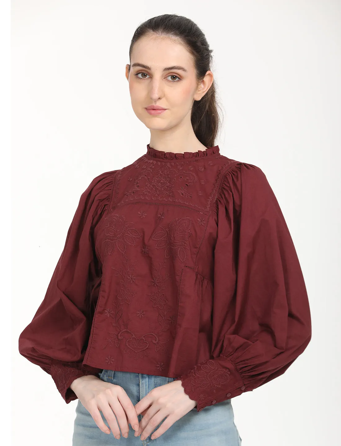 Women's Self Design Maroon High Neck Top