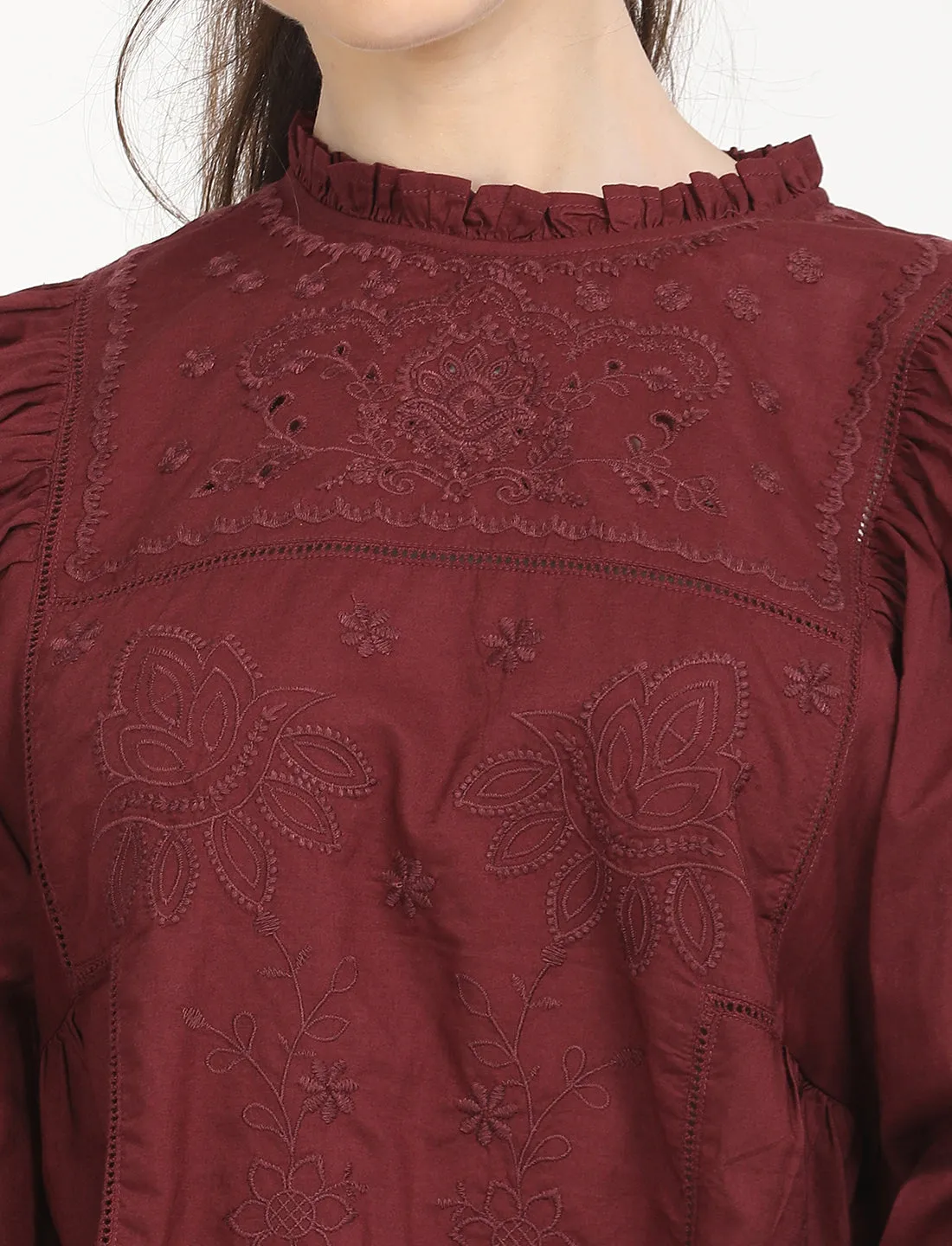 Women's Self Design Maroon High Neck Top