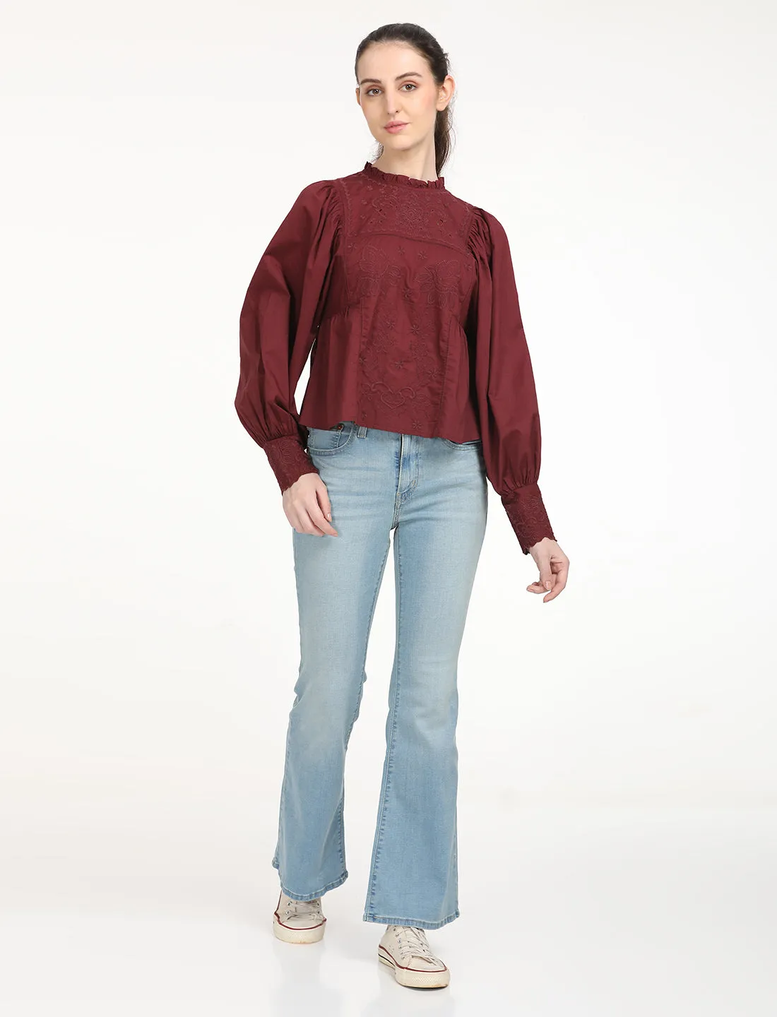 Women's Self Design Maroon High Neck Top