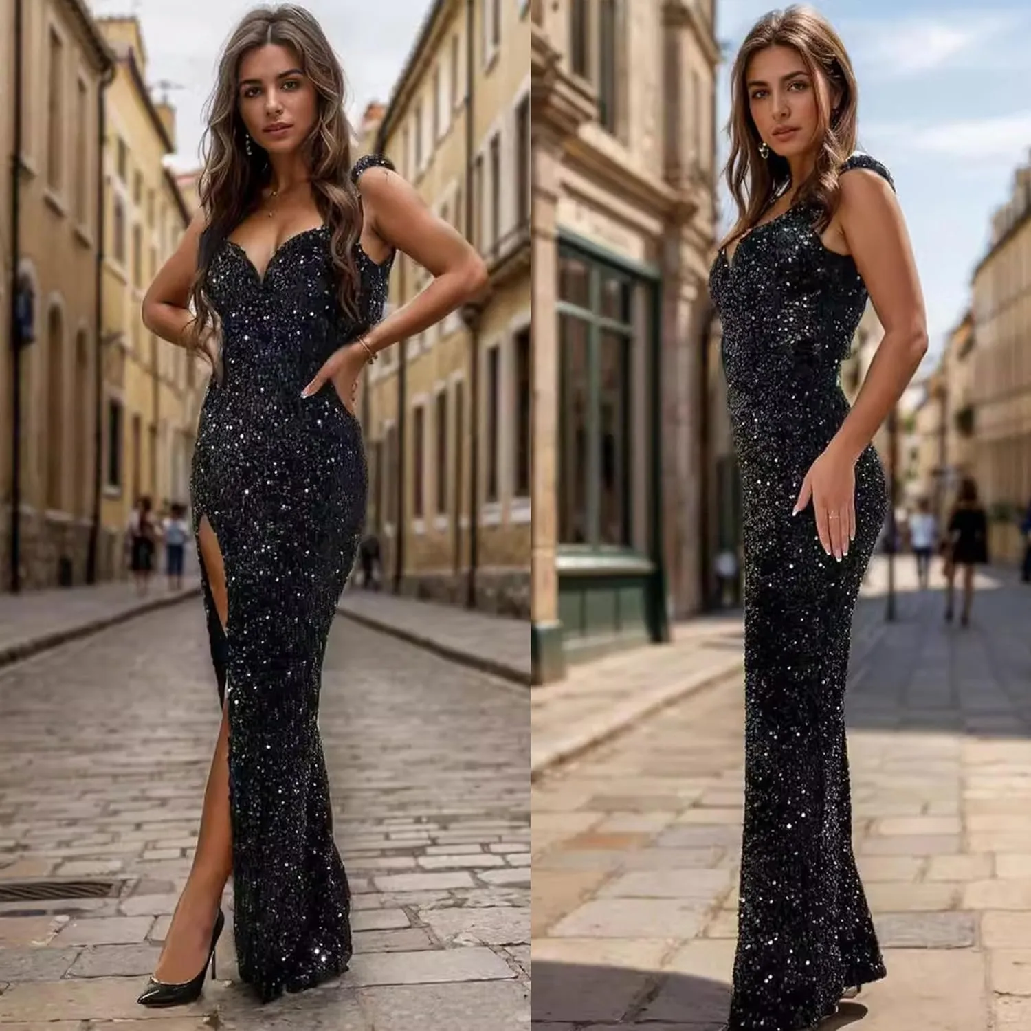 Women's Sexy Elegant Sparkly Sequins Party Club Night Bodycon Split Evening Dress
