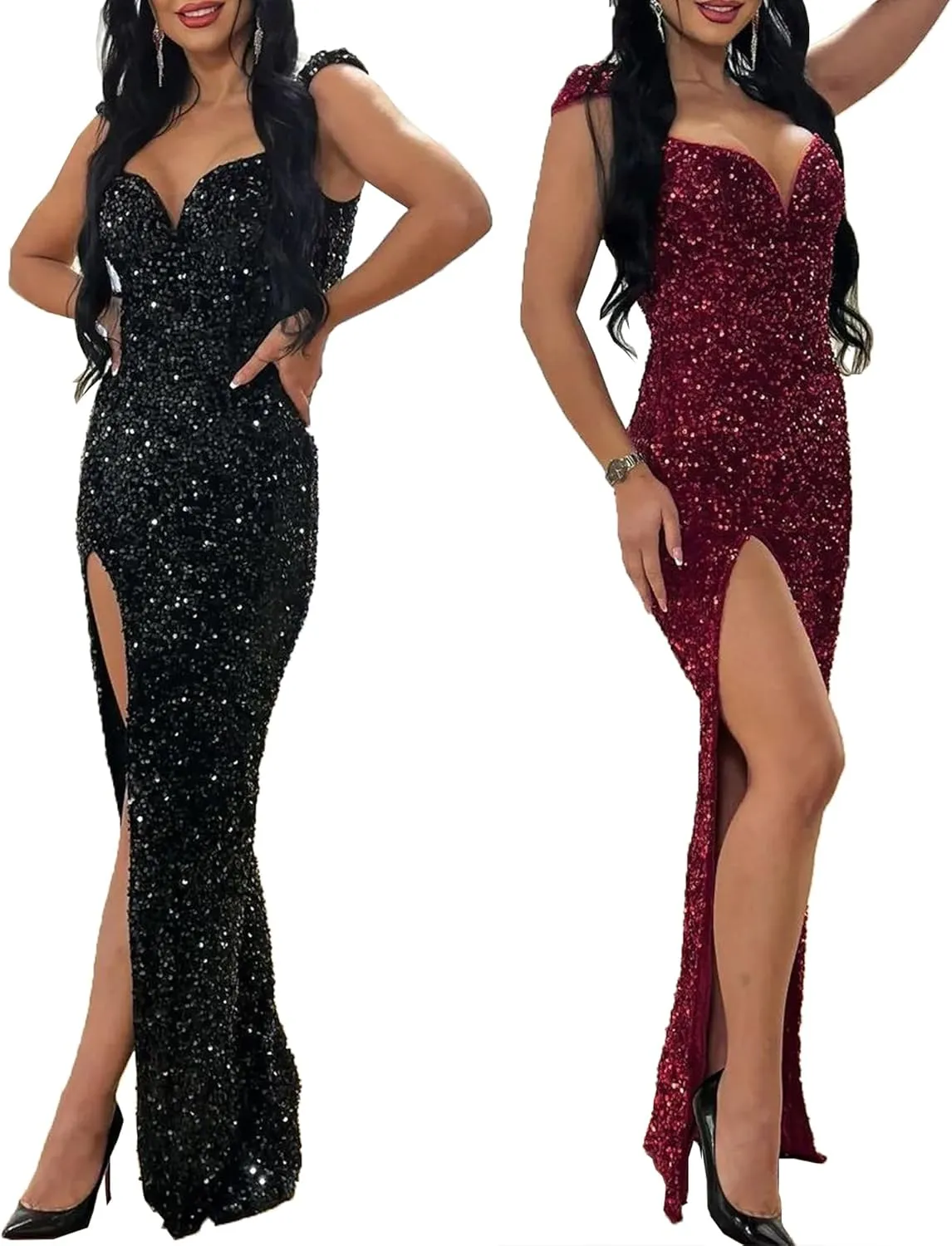 Women's Sexy Elegant Sparkly Sequins Party Club Night Bodycon Split Evening Dress