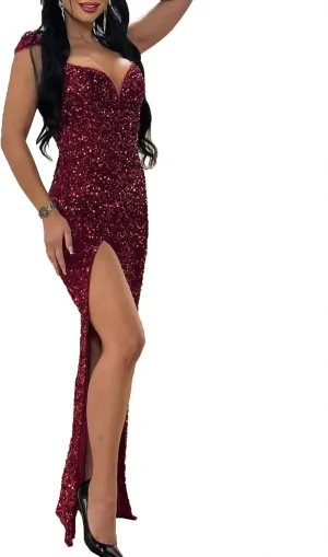Women's Sexy Elegant Sparkly Sequins Party Club Night Bodycon Split Evening Dress