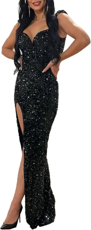 Women's Sexy Elegant Sparkly Sequins Party Club Night Bodycon Split Evening Dress