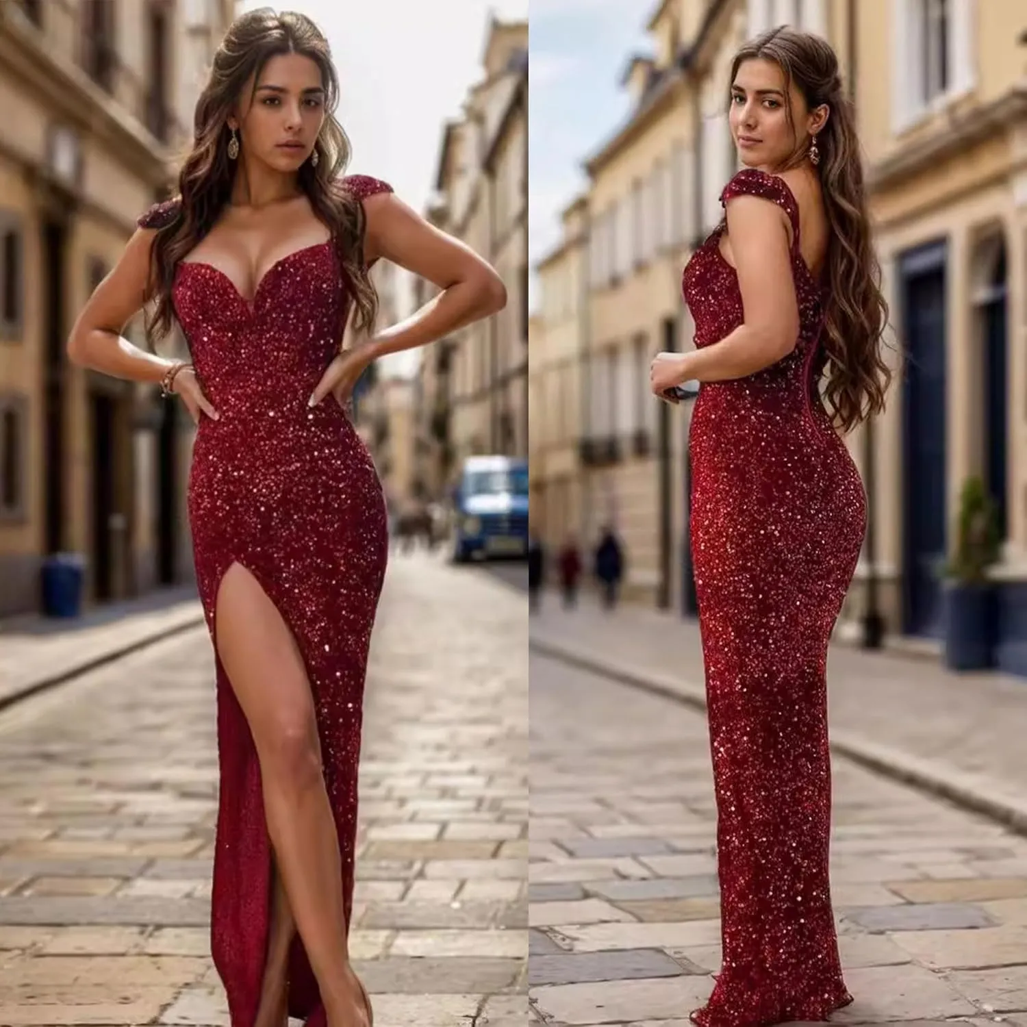Women's Sexy Elegant Sparkly Sequins Party Club Night Bodycon Split Evening Dress
