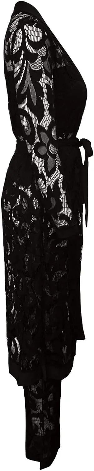 Women's Sexy Floral Lace 3 Piece See Through Wide Leg Pants Tube Top Long Kimono Robe Cover Up Coats Sets Elegant Suits