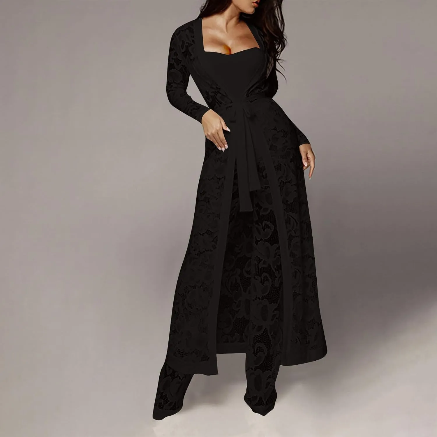 Women's Sexy Floral Lace 3 Piece See Through Wide Leg Pants Tube Top Long Kimono Robe Cover Up Coats Sets Elegant Suits