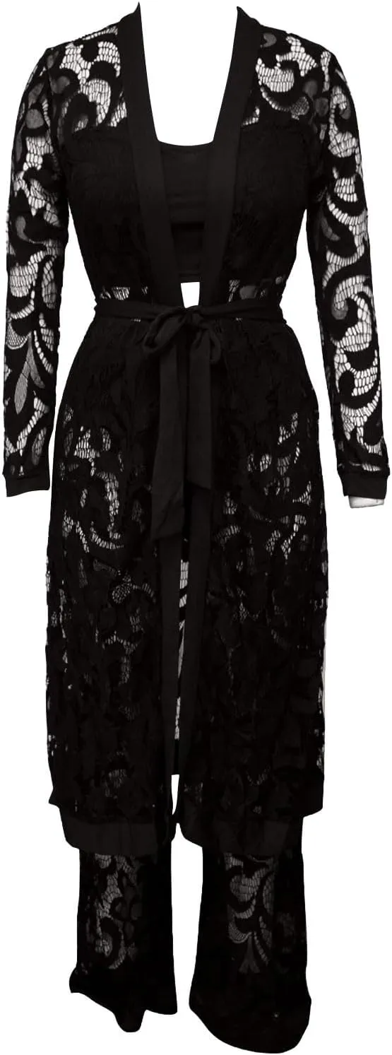 Women's Sexy Floral Lace 3 Piece See Through Wide Leg Pants Tube Top Long Kimono Robe Cover Up Coats Sets Elegant Suits