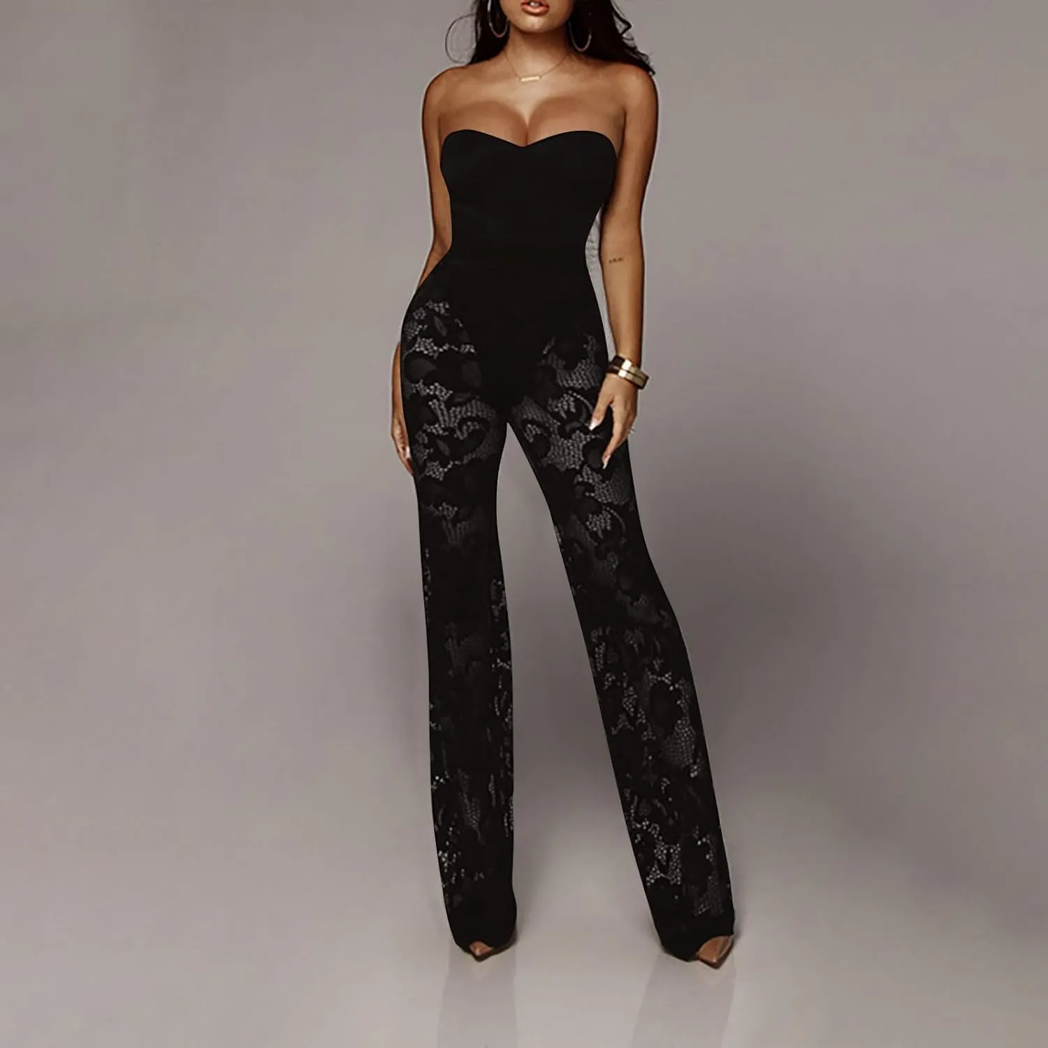 Women's Sexy Floral Lace 3 Piece See Through Wide Leg Pants Tube Top Long Kimono Robe Cover Up Coats Sets Elegant Suits
